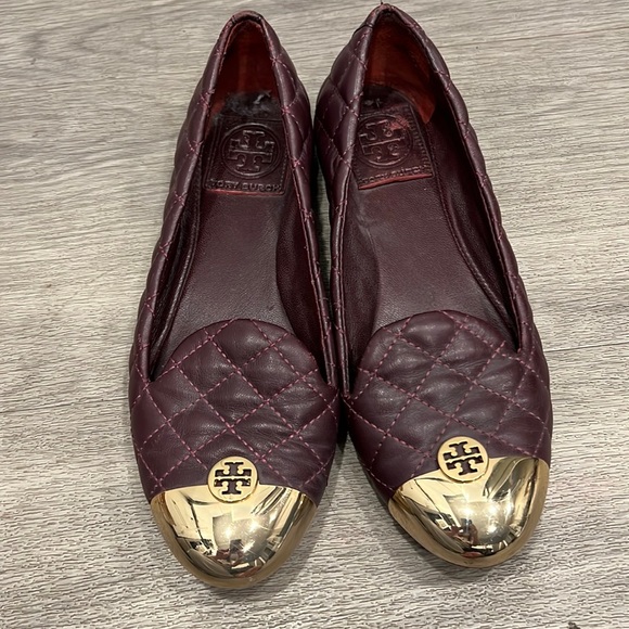Tory Burch Gold & Maroon Tufted Stitched Leather Flats Size 6 *Offers Welcome* - Picture 2 of 5